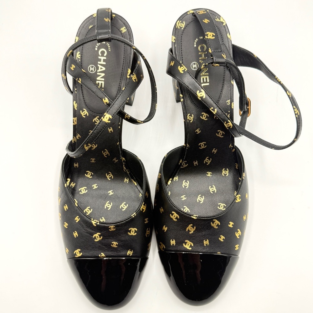 NEW Chanel CC Logo Mania Lambskin Calfskin Black Leather Slingback Platform Heel